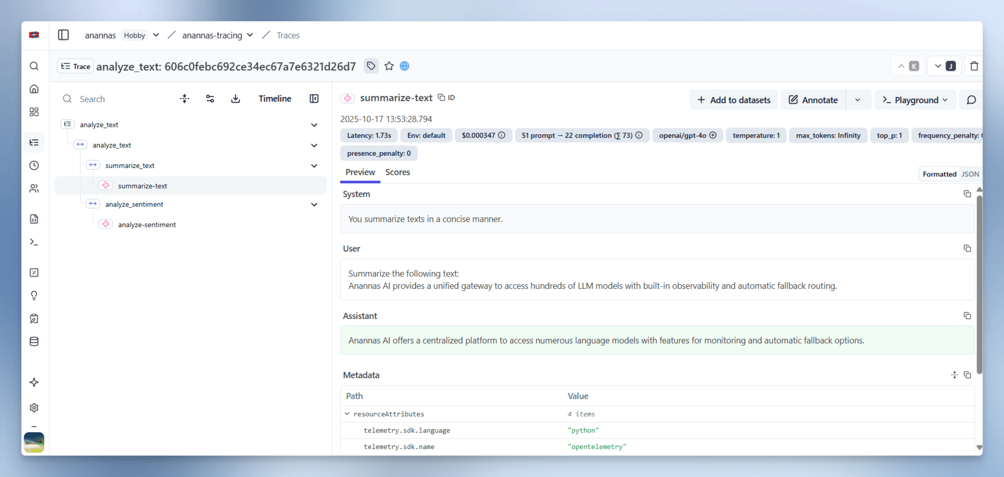 Example trace in Langfuse